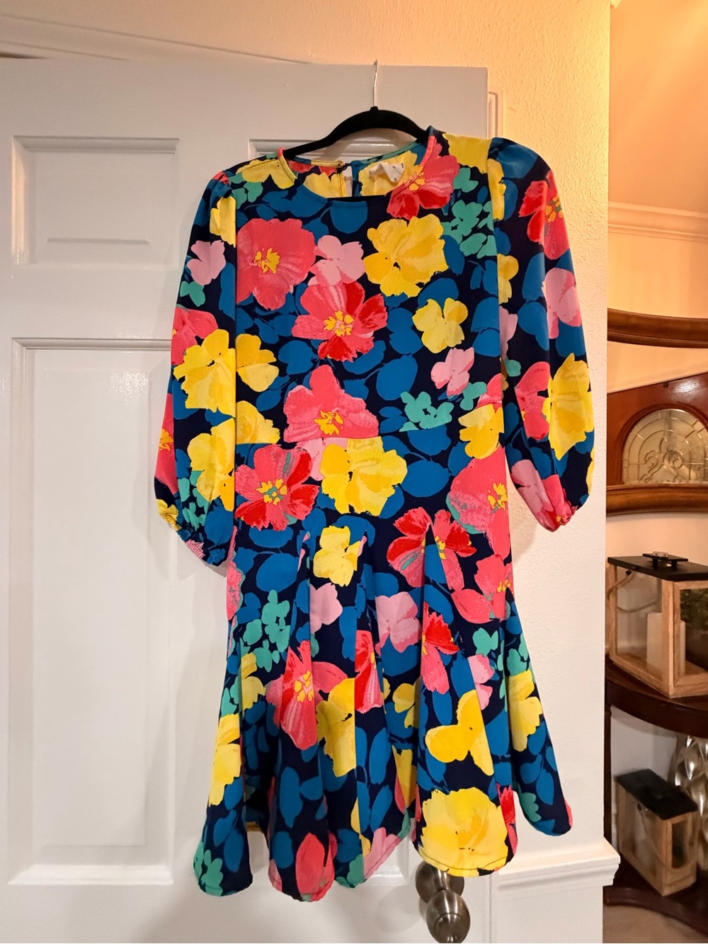 Navy Floral Midi Dress with Yellow & Pink Blooms
